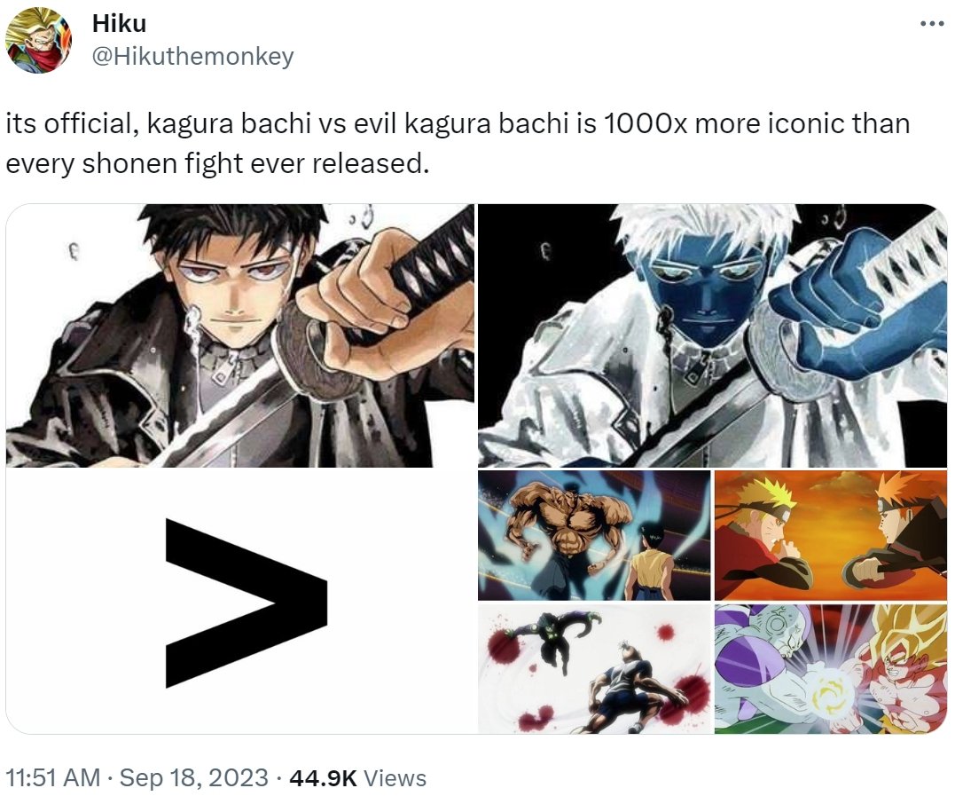 Stainkatera's tweet photo. @kakujantics its not a bait a post there is kagura bachi memes everywhere around how its better than any other anime  /manga https://t.co/Nh1FxdE1WG