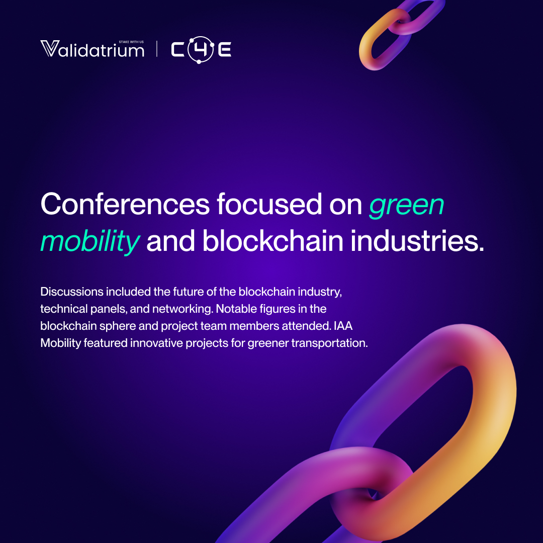 validatrium's tweet image. C4E Special Week of Conferences — Summary 🔋

@Chain4Energy team immersed in Europe&apos;s blockchain &amp;amp; green mobility scenes at Cryptosphere, IAA Mobility, and the Nordic Blockchain Conference. Discussions, networking, and insights from influential figures. Building a greener future.…