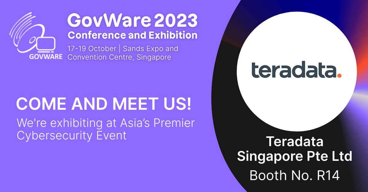NMeddas's tweet photo. Wait is over - Teradata is exhibiting at GovWare 2023, which targets the Singapore Public Sector. Meet us at booth no. R14 from Oct 17–19 at Sands Expo, Singapore, let's shape the digital landscape with 10,000+ cybersecurity experts. Details here: https://t.co/xyYw6Dv3Km https://t.co/wTCzCylmLW
