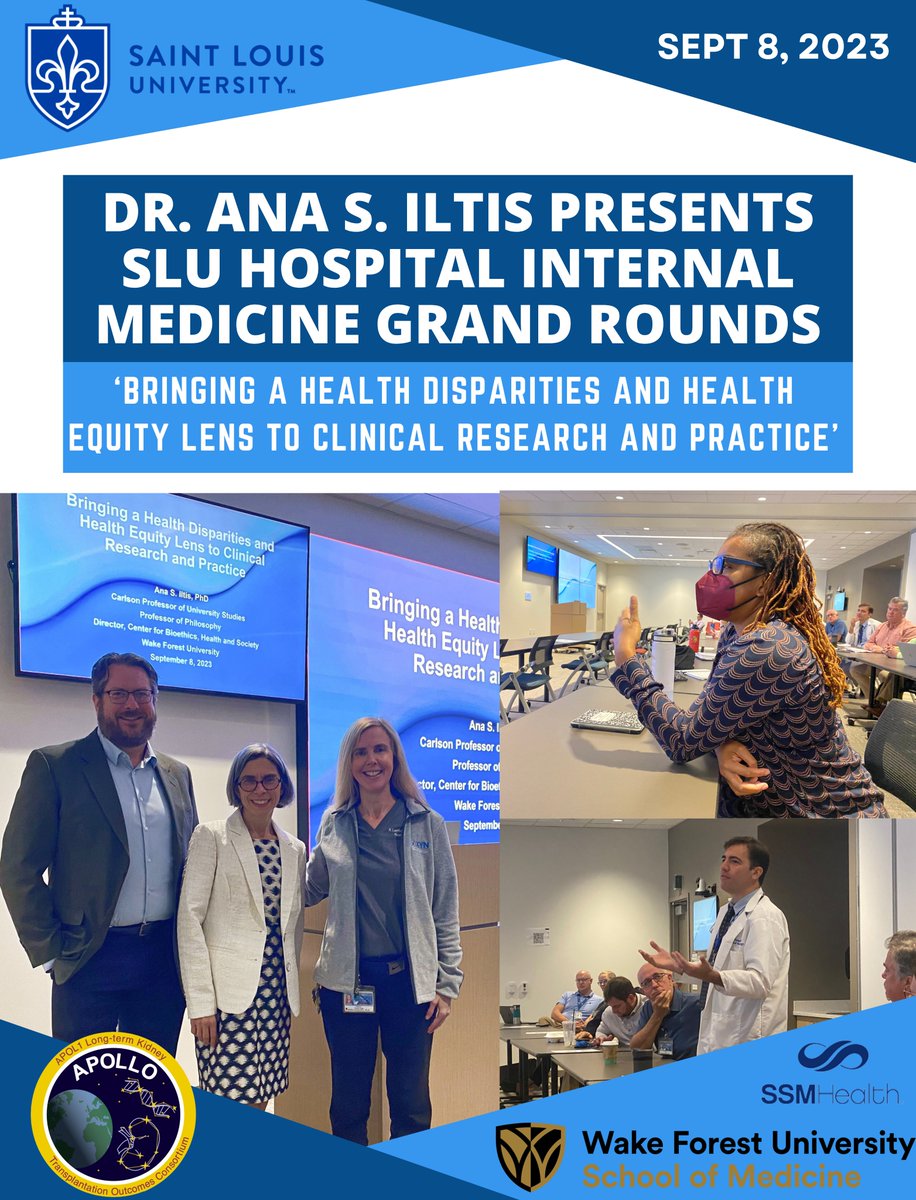 ApolloNetwork13's tweet photo. 🌟Dr.Ana Iltis, @WakeForest Professor➕@ApolloNetwork13 #CommunityAdvisoryCouncil Co-chair, delivers outstanding @slusom #GrandRounds | Sept 8, 2023: '#HealthDisparities &amp; #HealthEquity in #ClinicalResearch &amp; Practice.'🔬Working together for a healthier, more equitable future!💪🏽 https://t.co/QosSQuFHlW