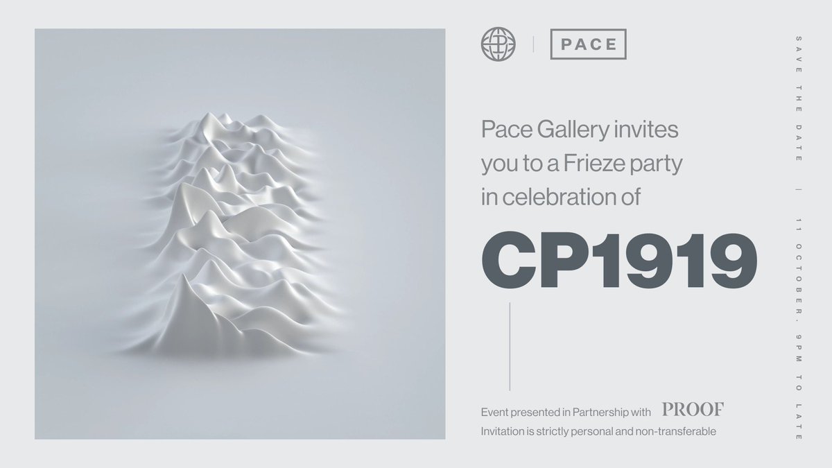 proof_xyz's tweet photo. London is calling! 

Celebrate the CP1919 collection with us and @PaceGallery for our exclusive @friezeofficial party on October 11! 

Get ready: @tokenproof tickets for Collective, Moonbirds, Mythics, Grails, and Archive of Feelings holders will go live on Sep 25 at 8AM PT ✨ https://t.co/lxJ4OZMZcr