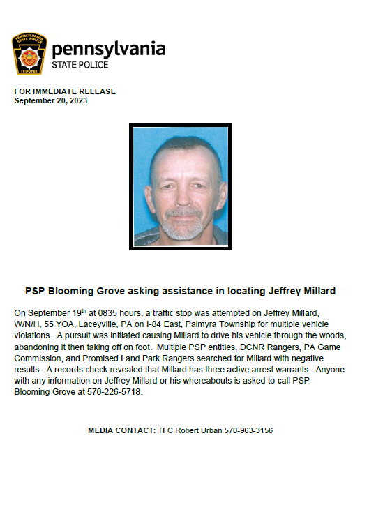 PSPTroopR's tweet photo. If anyone knows the whereabouts of Jeffrey Millard, please contact PSP Blooming Grove at 570-226-5718 https://t.co/3tOh9OtJGt