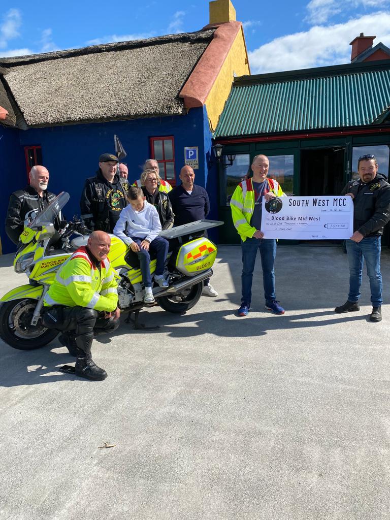 BloodBikeMW's tweet photo. A great big thank you to the South West MCC for their charity collection for Blood Bike Mid West. Thank you to all the organisers, Liam Counihan, John Foley and Boris from the Thatch Pub Lisselton, and all who donated on the day. https://t.co/PmpirntBCv