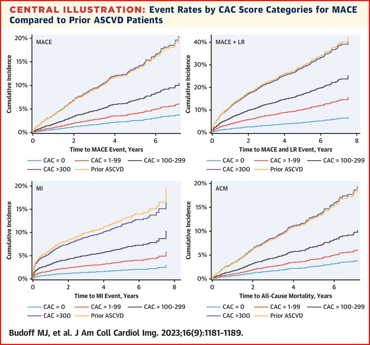 Time to Tx high #CAC as aggressively as post-heart attack? CAC of ≥300 in asymptomatic ppl confers the same risk as post-MI survivors (eg secondary prevention) in #CONFIRM. Use of CAC may guide the intensity of preventive approaches more broadly. bit.ly/461l9zQ #JACCIMG