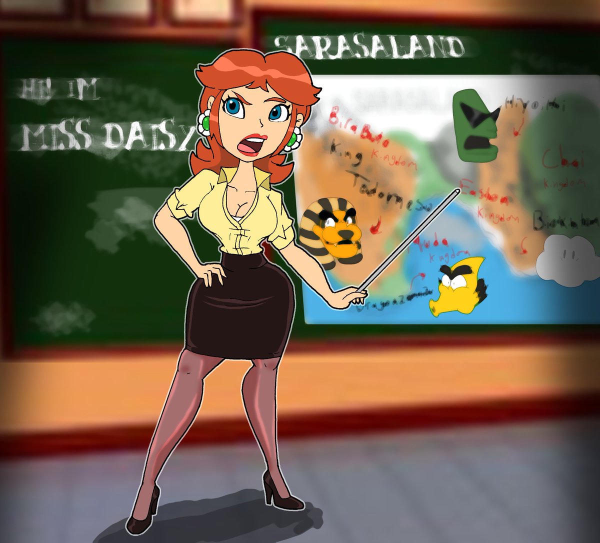 Suit-tember aint restricted on profession, which means Daisy herself can join and have a lil flexibility.
Hopefully SOME people learn Sarassaland's more than a desert this way!

#myart #PrincessDaisy #fanart #Suittember #teacher #skirtsuit #SuperMario #ArtistOnTwitter #design