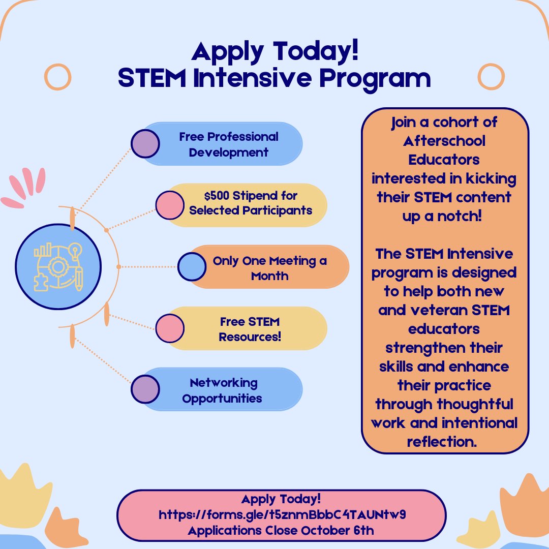 ncafterschool's tweet image. Want to step up your STEM programming?
Apply to be a part of the STEM Intensive program today!
Participants are paid a $500 stipend to attend monthly meetings with industry leaders and experts in STEM education to enhance their practice. 
Apply here: forms.gle/Vh12t3uoM3xtR3…