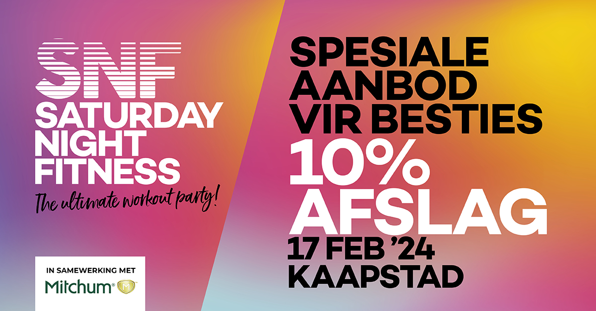 huisgenoot's tweet photo. GEBORG: Kry 10% afslag as jy nou jou dubbelkaartjie koop vir Saturday Night Fitness in Kaapstad: https://t.co/Aub9MxCSfl #SNF #Kaapstad @Mitchum #AfricanExtractsRooibos #Bioplus #BeMorePlus #Comfortfabricsoftener https://t.co/BqbNd1xjRL