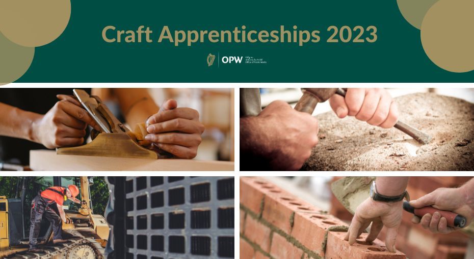 opwireland's tweet photo. At the OPW, we are offering a variety of unique apprenticeship opportunities. We are looking for apprentice candidates in four craft disciplines: carpentry &amp; joinery, stonecutting &amp; stonemasonry, construction plant fitting and brick &amp; stonelaying. See https://t.co/ISTS7JVUu3 https://t.co/lLxqeDwrR3