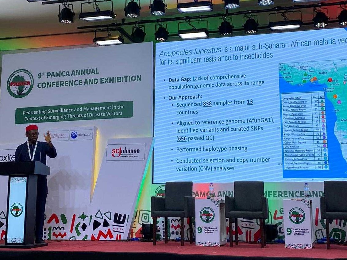 🗣️ "Anopheles funestus is a major malaria vector in sub-Saharan Africa known for its significant resistance to insecticides."

<a href="/joachimnwezeobi/">Joachim Nwezeobi</a> presents at #PAMCA2023 on how #genomics is exploring the population structure of this species across the continent.