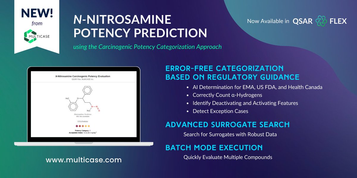 MultiCASEInc's tweet photo. Introducing our new N-Nitrosamine Potency Prediction module for QSAR Flex! 🧪

✅ Aligns with EMA and US FDA AI limit standards 
🤖 Predicts potency category via automated CPCA workflow 
🔍 Advanced surrogate search &amp; exclusion recognition for streamlined NA assessments https://t.co/wv6WEPA8B1
