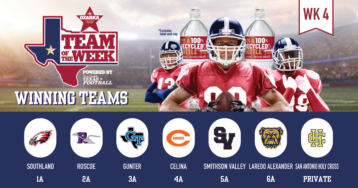dctf's tweet photo. Congrats to the Week 4 Ozarka Teams of the Week!

@JBA_Bulldogs
@SV_RangerFB
@celina_football
@gunter_football
@RoscoeATH
@SouthlandISD
@HolyCrossofSAFB

https://t.co/5P2f8U9gQV
@OzarkaSpringWtr

#dctf #txhsfb https://t.co/B4DeoM7q1Z