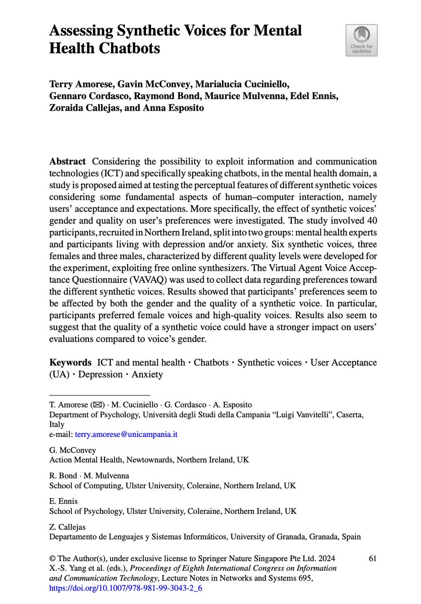 @AmoreseTerry's paper assessing synthetic voices for #MentalHealth #Chatbots, carried out at @Amh/@UlsterUniAi in @MenhirH2020 project is now published link.springer.com/chapter/10.100… Participants’ preferences seem to be affected by the gender and quality of a synthetic voice... 1/2