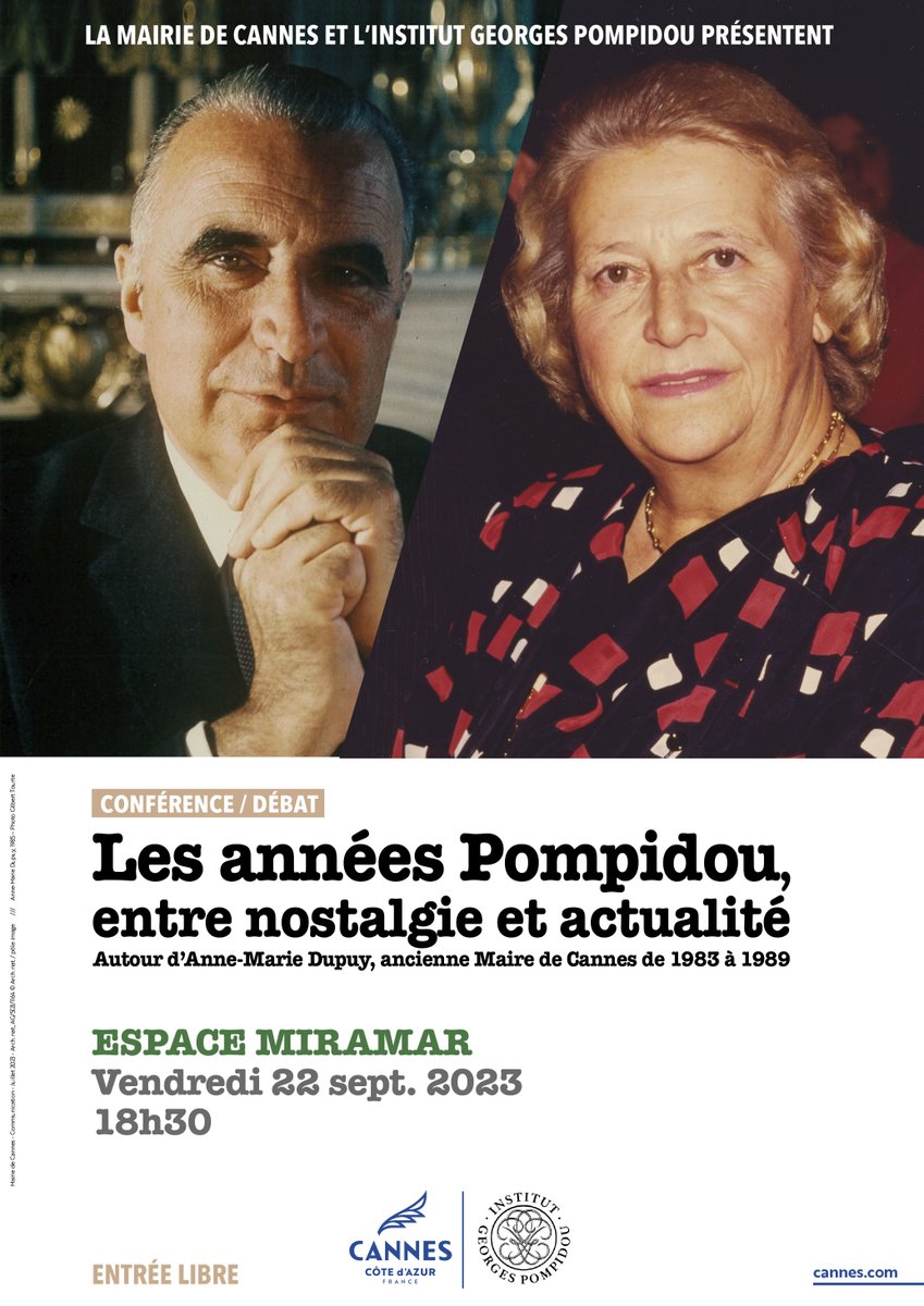 Ce vendredi 22 septembre, premier événement du cinquantenaire de la mort de #GeorgesPompidou (2024), à #Cannes , Espace Miramar, 18h30-21h00, sous le haut patronage du Président de la République, un débat public organisé par @IG_Pompidou en partenariat avec la #MairiedeCannes.