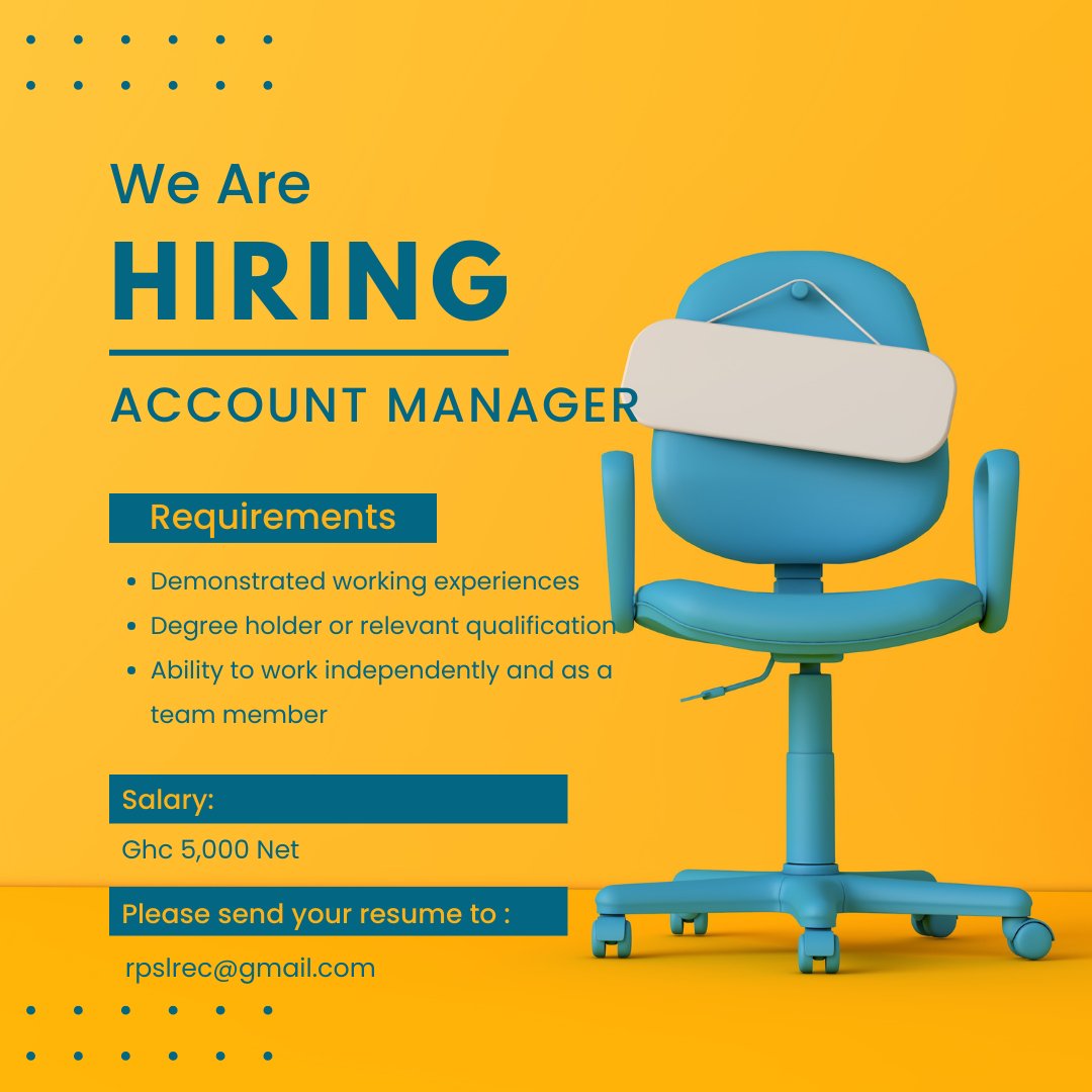 ReliancePerson1's tweet photo. VACANCY
ACCOUNT MANAGER
Salary: Ghc 5,000
Send cv: rpslrec@gmail.com #jobseekers #jobtube #jayjobsconnect @findajobghana @Job_goal
@jobcentregh @Jobsinghana_job @JoblyGhana
@joblemon @jobcentregh @VacanciesGh @ghanajobs
@BotsJob @jobsviatweet https://t.co/xVduElwkt3
