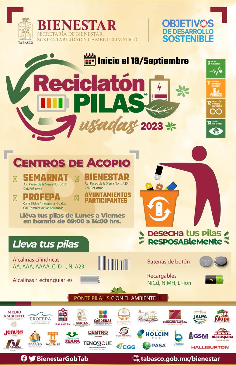 Reciclatón de pilas usadas 2023.
¡Desecha tus pilas responsablemente!

Centros de acopio: 

🔴 SEMARNAT
🔴 PROFEPA 
🔴 BIENESTAR 
🔴 AYUNTAMIENTOS PARTICIPANTES