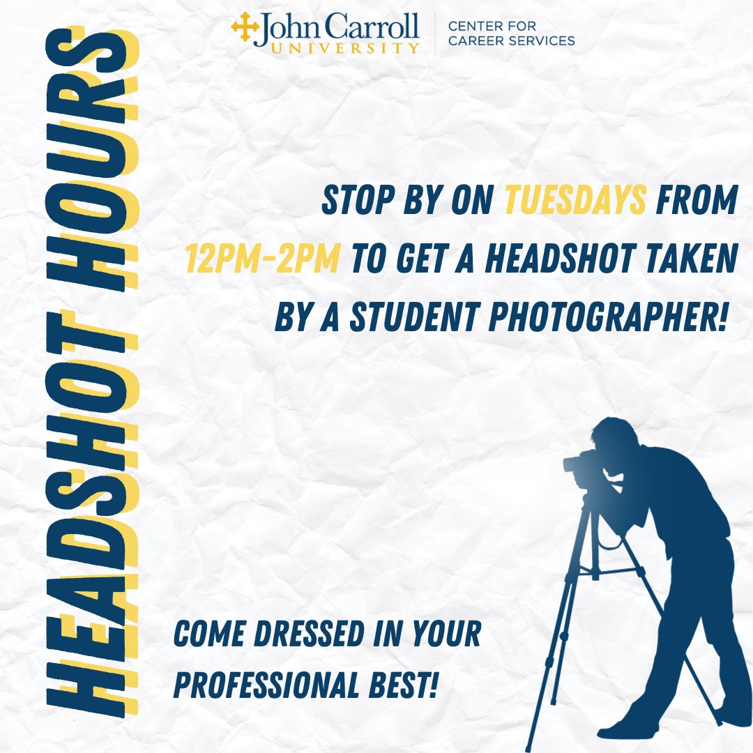 JCUCareerCenter's tweet photo. Looking to #update your LinkedIn profile? Stop by from 12pm-2pm every Tuesday in the Mastrantoni Family Student Success Commons and get your headshot taken by a student photographer. Come dressed in your #professionalbest, and no appointment is needed! https://t.co/vVABsbDZXc