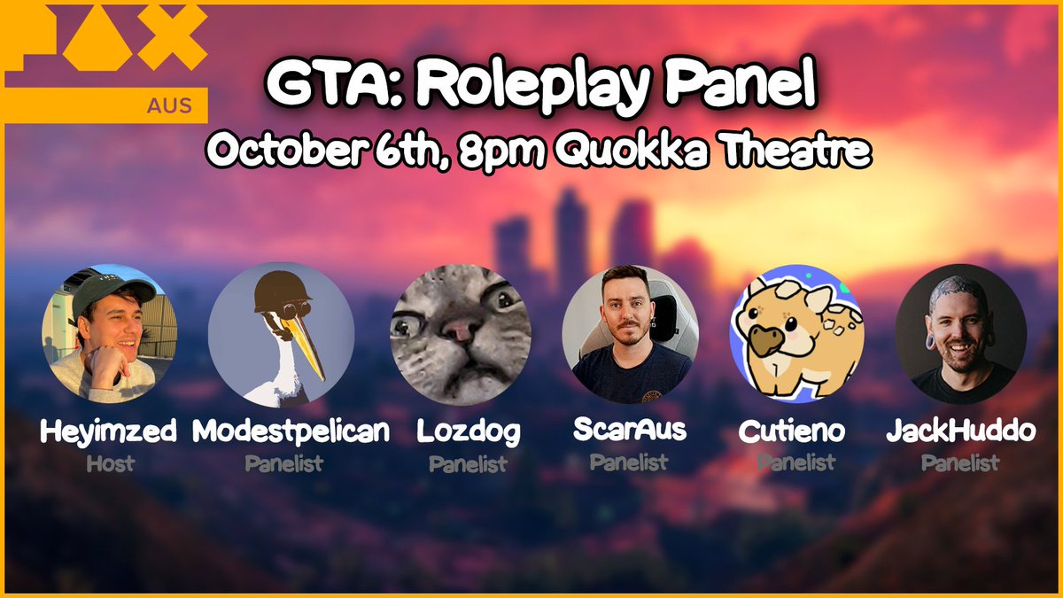heyimzed1's tweet photo. Announcing our Last Panelist for the GTA Roleplay Panel: @ModestPelican !!!

The panel will be Live at @PAXAus and online at 8pm AEST Friday the 6th October in the Quokka theatre. Featuring:
@laurencat
@ScarAustralian
@Cutieno101
@JackHuddo & myself!
Live questions from the audience there and at home, backstories and a gameshow segment, this panel is going to be great! Any questions for our panelists, leave below this tweet! See you there :)