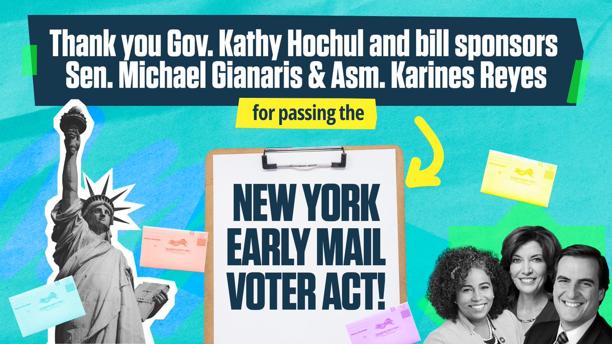 LetNYvote's tweet photo. The New York Early Voter Act is now law! 

New York will join 35 states that allow any registered voter to vote by mail either early or on Election Day. 

Thank you to @GovKathyHochul, @SenGianaris, and @KarinesReyes87 for your leadership in getting this bill passed! #LetNYvote https://t.co/ye7Bokln2k