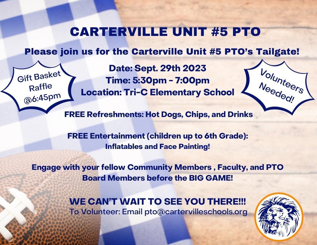 tricelementary's tweet photo. Friday, September 29th is our annual PTO Tailgate. Come out to enjoy free food, fun, and Lions Football! We need volunteers to help with this event. You can email the PTO at pto@cartervilleschools.org with your availability.  Go Lions! https://t.co/WeKLna8jw5