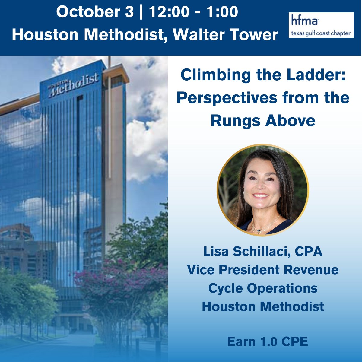 HFMATXGC1's tweet photo. Lunch and Learn at Houston Methodist is BACK! Join Lisa Schillaci October 3 for 1.0 #CPE. No charge to attend. Learn more in our weekly email here:
https://t.co/NLNEOlZVwp https://t.co/FC8BeRUzoP