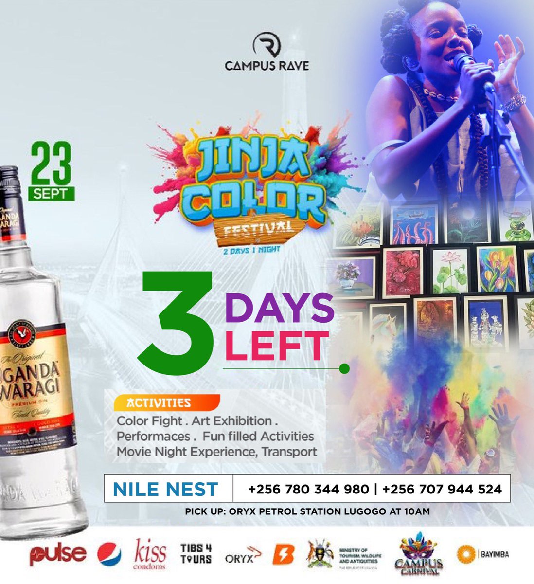 If you’re in Jinja this weekend or looking for some out-of-town plans this weekend <a href="/campusraveug/">CAMPUS RAVE UG🔥</a> got you with the #JinjaColorFestival.
It’s only 3 days, come enjoy the color run, art exhibitions and performances from different acts. Tickets are on sale at 55,000shs via
