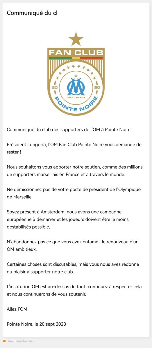 OMfanclub_PNR's tweet photo. Communiqué officiel du fan club de Pointe Noire 🇨🇬

#teamOM https://t.co/Bt2Q8qdfuV