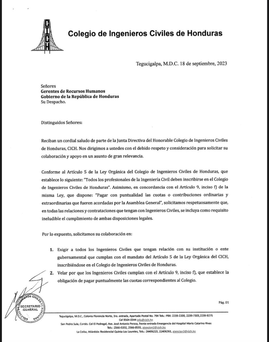 cichhn's tweet photo. Con la intención de asegurar y fomentar el cumplimiento de la legislación vigente, solicitamos a todos los Gerentes de Recursos Humanos, exigir a los Ingenieros Civiles que tienen relación con su institución cumplir con el Artículo 5 y 9 de la Ley Orgánica del CICH https://t.co/tucFeAqAi4