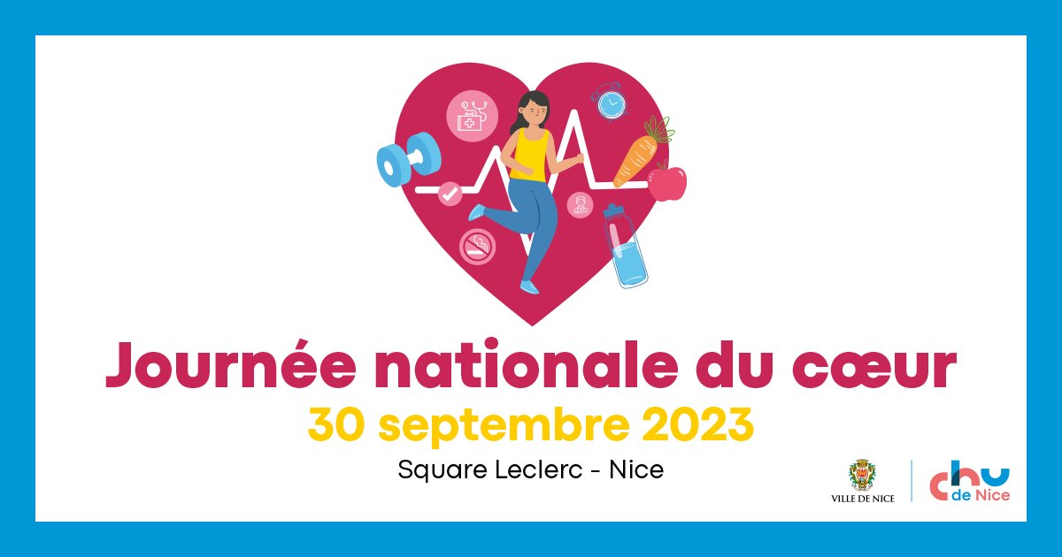 CHUdeNice's tweet photo. #Journéeducœur
♥️Venez participer aux ateliers de #préventioncardiovasculaire et aux activités préparés avec notre équipe de #cardiologie.
📅Samedi 30/09 à partir️ de 9h30
🔗Informations et inscriptions: https://t.co/AAW1jOWfc8
En partenariat avec la @VilledeNice 
#CHUdeNice https://t.co/orK2VgF2Qs