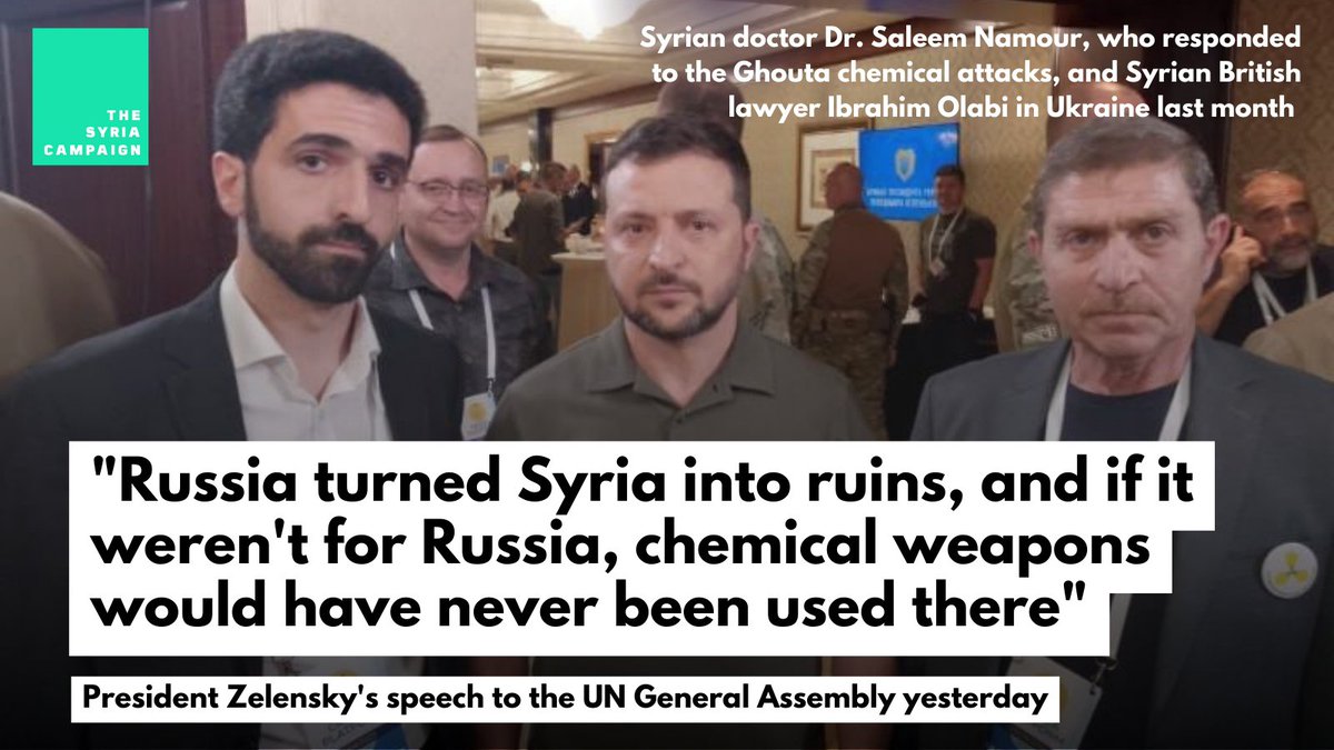 TheSyriaCmpgn's tweet photo. Yesterday, on 19 September, President Zelensky warned world leaders what happens when there is inaction in the face of Russian aggression. He reminded them that chemical weapons have been used as a weapon against the Syrian people and that war crimes must be punished. #UNGA78 https://t.co/ZsY0s8RFuI