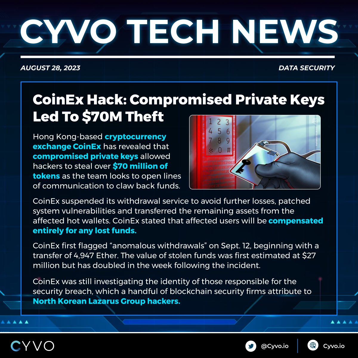 CYVOio's tweet photo. #CoinEx faced private keys attack 🔥
Let’s wait for more #CoinExResponseUpdate on lost fund recovery and compensation 

Source: CoinTelegraph

#crypto #cryptocurrency #CyberSecurity #hack #hackednft https://t.co/OVWyF3VKaB