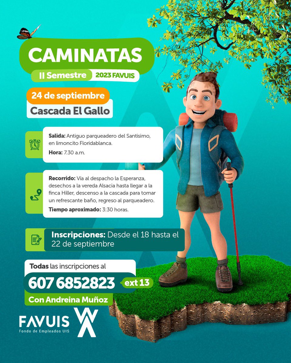 FavuisDigital's tweet photo. Apreciado(a) asociado(a):

¡FAVUIS 💚 lo invita a inscribirse a la caminata de este domingo 24 de septiembre! 👟🍃🏞

Registre su participación aquí : 
👉🏼 https://t.co/g7oX8kLE4Q

#favuis #favuisdigital #Bucaramanga #FondoDeEmpleadosUIS #uis #senderismo  #Caminatas https://t.co/8SIs8GBlRl