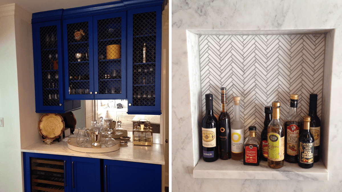 KettlerDesign's tweet image. Beautiful, calm kitchen with lots of marbled surfaces. Fun, jazzy dry bar with lots of personality! Featuring Touchstone Fine Cabinetry ✫ @walkerzanger tile ✫ Calacatta Gold Marble countertops. #loveyourkitchen #karenkettlerdesign