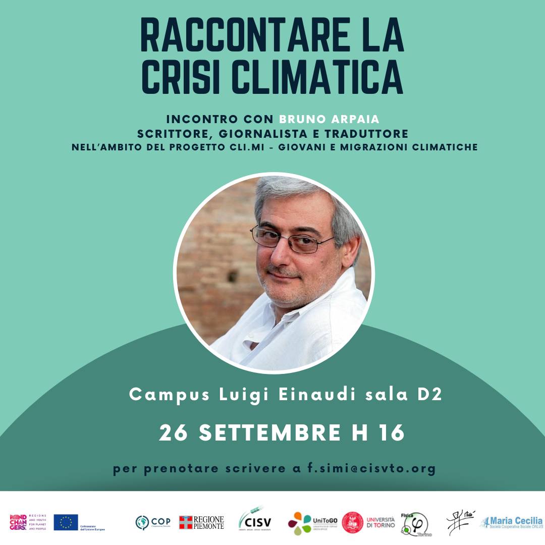 eHabitatit's tweet photo. Lo scrittore #BrunoArpaia parlerà di #crisiclimatica per #CISV nell'ambito del progetto #CLIMI Giovani e Migrazioni Climatiche, martedì 26 settembre alle ore 16 al Campus Luigi Einaudi dell'Università di #Torino
@club_dante @regionepiemonte @EU_DEAR_prog @cisv_ets https://t.co/H8gODY2ixV