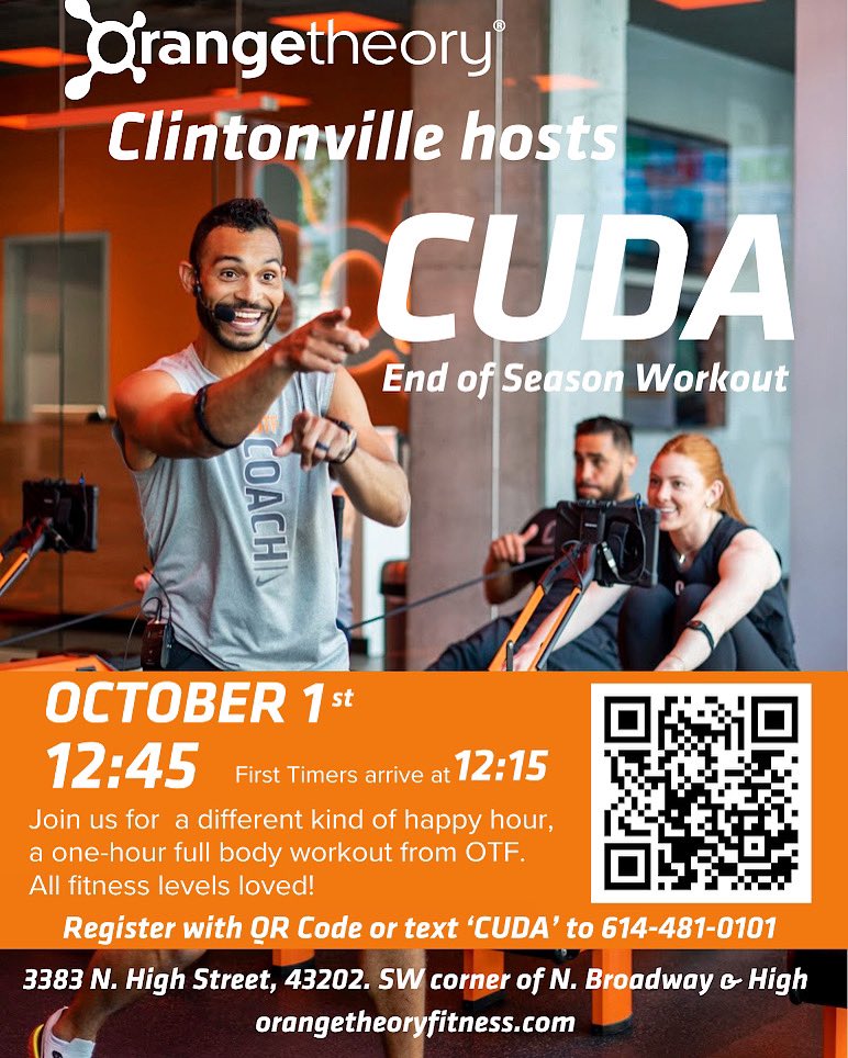 CUDA is partnering with Orangetheory fitness Clintonville for an end-of-season workout! Sunday, October 1 at 12:45. You can register at the number on the post or the link in our bio.