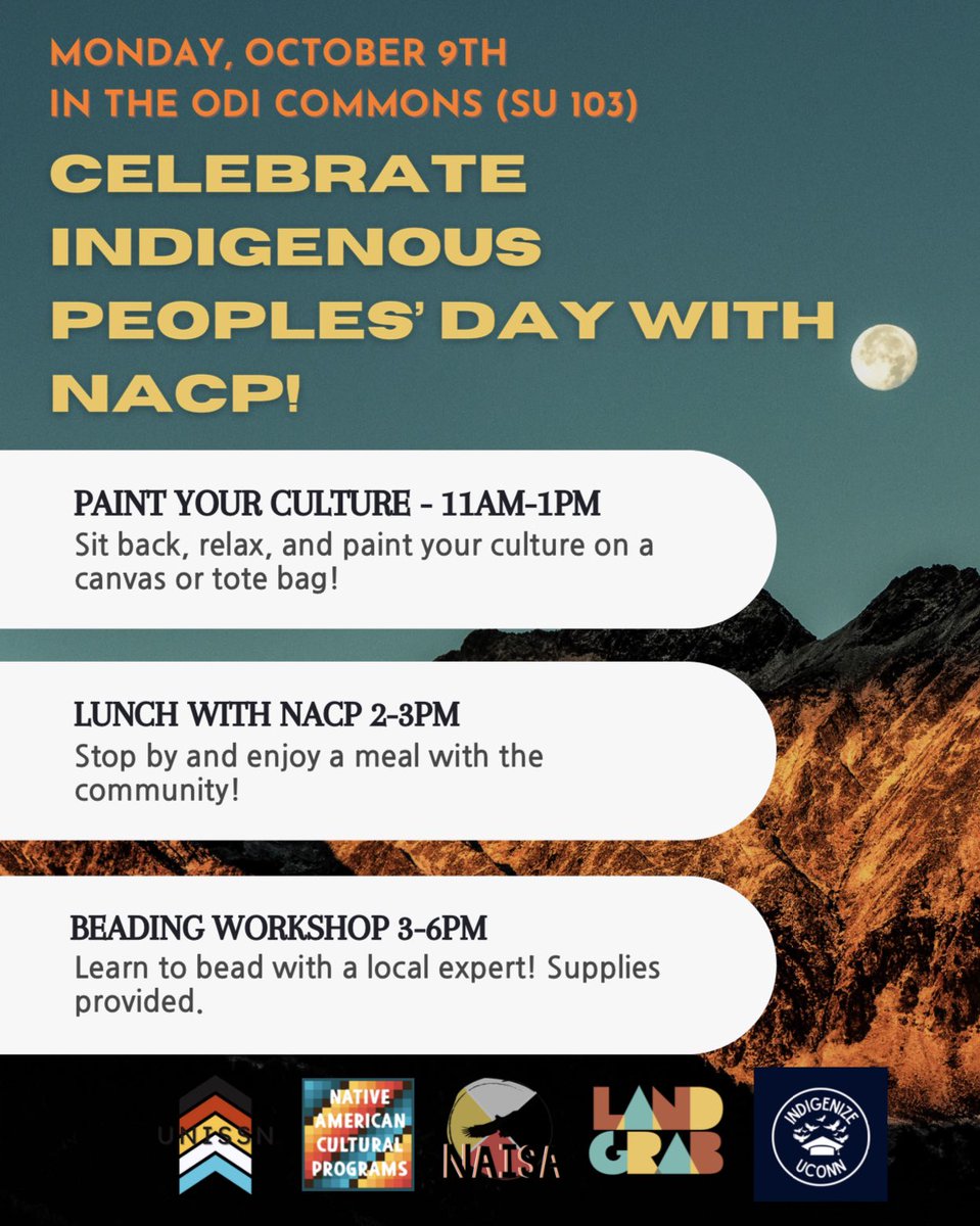 Celebrate Indigenous Peoples’ Day with us! Monday, October 9th we will have events throughout the day in the ODI Commons. Join us! #uconnnacp #IndigenousPeoplesWeek #IndigenizeUConn