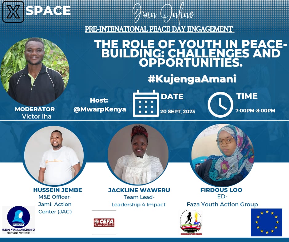 Victors Iha (ROCKY) (@ihavictors) on Twitter photo Wadau tuko live in the next one hour. Don't forget to tune in as we unpack the role of youth in peace-building.
<a href="/WaweruJackline/">Waweru Jackline</a> <a href="/Jembe002/">Jembe.</a> <a href="/FazaYouth/">FAZA YOUTH ACTION GROUP(FYAG)</a> <a href="/Jaychappa/">James Chappa</a> <a href="/Shamir2Edwine/">0️⃣0️⃣1️⃣ Activist 🇰🇪</a> <a href="/Wuod_Ogutuu/">Paul Collins</a> <a href="/JumaPambajuma61/">pamba juma</a> <a href="/alkags/">Al Kags</a> <a href="/thellesitrust/">Thellesi Trust</a> <a href="/Kalicha01/">Kalicha Dullo</a> <a href="/Nancynyagem/">Nancy Atieno</a>
#KujengaAmani Wadau tuko live in the next one hour. Don't forget to tune in as we unpack the role of youth in peace-building.
<a href="/WaweruJackline/">Waweru Jackline</a> <a href="/Jembe002/">Jembe.</a> <a href="/FazaYouth/">FAZA YOUTH ACTION GROUP(FYAG)</a> <a href="/Jaychappa/">James Chappa</a> <a href="/Shamir2Edwine/">0️⃣0️⃣1️⃣ Activist 🇰🇪</a> <a href="/Wuod_Ogutuu/">Paul Collins</a> <a href="/JumaPambajuma61/">pamba juma</a> <a href="/alkags/">Al Kags</a> <a href="/thellesitrust/">Thellesi Trust</a> <a href="/Kalicha01/">Kalicha Dullo</a> <a href="/Nancynyagem/">Nancy Atieno</a>
#KujengaAmani