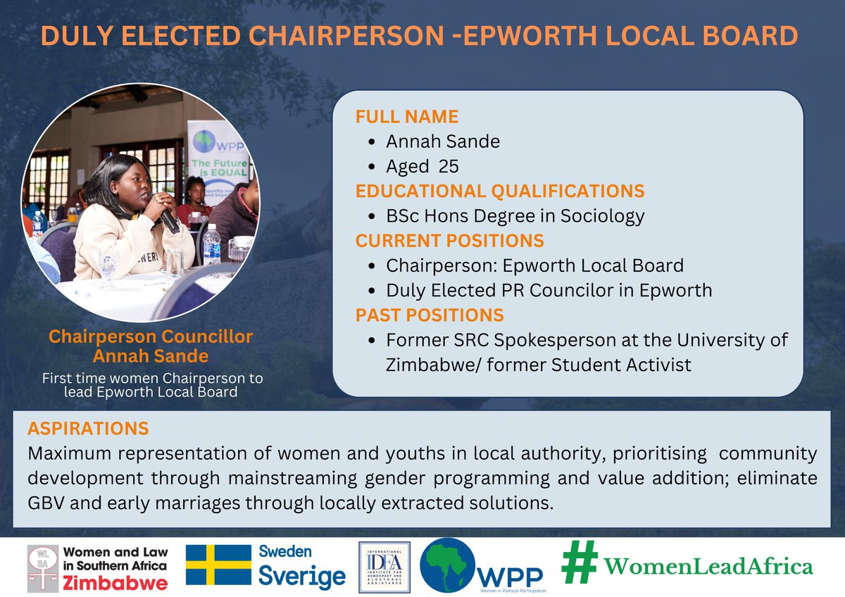 Women and Law in Southern Africa - Zimbabwe (@wlsazw) on Twitter photo We would like to congratulate <a href="/AnnahSande/">Annah Sande</a> on her election as the Chairperson of Epworth Local Board.
A determined young woman whose determined to ensure the full participation of women and youth in governance.
#TheFutureIsEqual
#WomenLeadAfrica We would like to congratulate <a href="/AnnahSande/">Annah Sande</a> on her election as the Chairperson of Epworth Local Board.
A determined young woman whose determined to ensure the full participation of women and youth in governance.
#TheFutureIsEqual
#WomenLeadAfrica