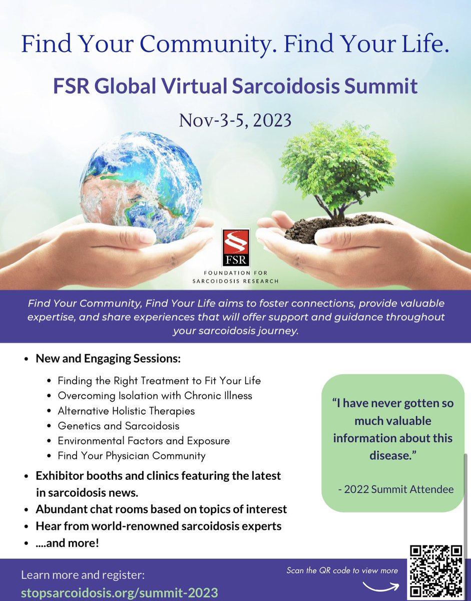 Excited to participate in the Foundation for Sarcoidosis Research @StopSarcoidosis Virtual Summit coming up soon in November!