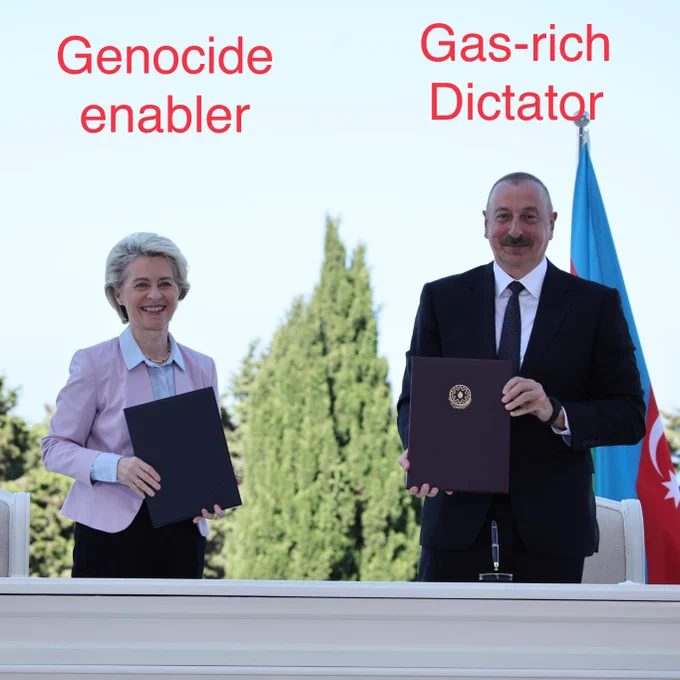 nmatini's tweet photo. As an #EU citizen, I demand @vonderleyen's #resignation. She is complicit in #EthnicCleansing and genocide of 120,000 Armenians of #NagornoKarabakh. 

She manipulated the 🇪🇺 public by falsely claiming that buying gas from Azerbaijan's genocidal despot will buy the🇪🇺 independence from 🇷🇺 gas, whereas in reality, Ursula pays billions of euros to 🇷🇺Lukoil through Azerbaijan. #DismissUrsula