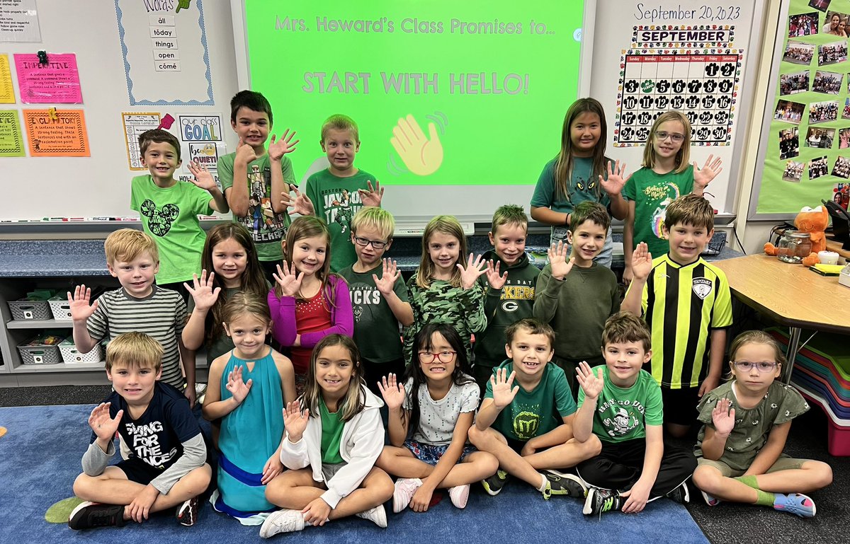 These <a href="/ChesakCheetahs/">Chesak Elementary</a> 2nd graders wore green today to support <a href="/sandyhook/">Sandy Hook Promise</a>. By wearing green we promise to Start with Hello to help everyone feel included and welcome! #sandyhookpromise #StartWithHello #beanincluder #beanupstander