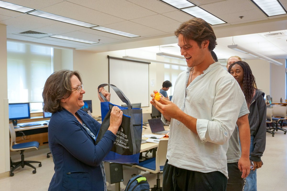 WashUBME's tweet photo. Last week students in Quantitative Physiology were chosen by their debugging duck! This duck will accompany them through the course and beyond, offering students an ear when they’re working through a problem. #debuggingduck #WashUBME https://t.co/46S0x9Ldee