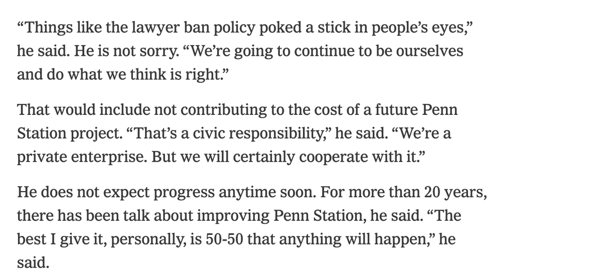 In which Jim Dolan vows he will not contribute to the renovation of the nation's busiest train station, the one on which his MSG crouches (the arena that benefits from generous tax exemptions), by @katierosman nytimes.com/2023/09/20/nyr…