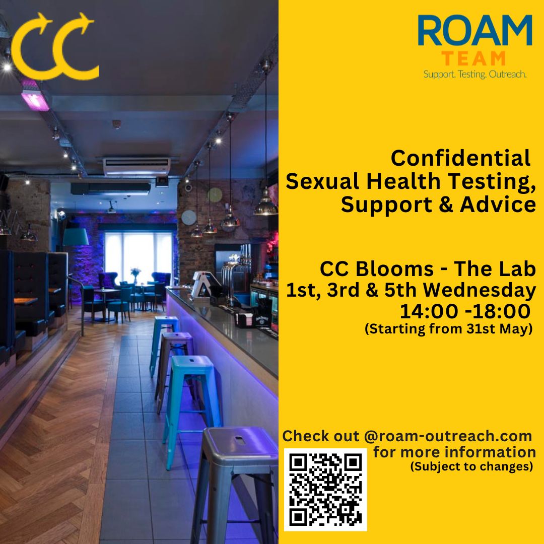 RoamTeam95's tweet photo. The team will be @CCBloomsBar today from 2pm - 6pm offering confidential sexual health testing, support and advice #TestingMadeEasy
#SafeIsSexy #SexualHealthTesting https://t.co/rjWHxIC5WG
