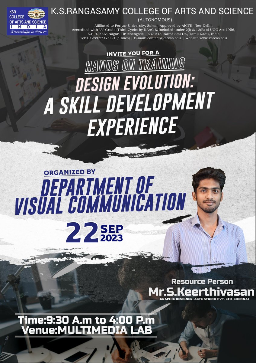 ksrcas1995's tweet photo. K.S.Rangasamy College of Arts and Science (Autonomous), Department of Visual Communication organize a "Hands on Training On Design Evolution: A Skill Development Experience" Resource Person
Mr.S.KEERTHIVASAN
Graphic Designer, ACTC Studio PVT. LTD, CHENNAI
#ksrei #ksrcas https://t.co/Fk97fBHDtr