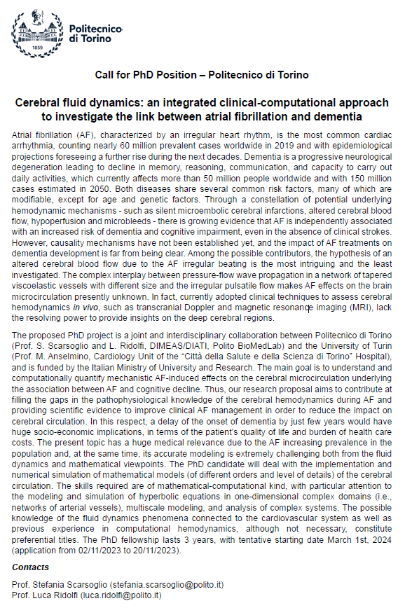 Andrea Guala (@andreaguala6) on Twitter photo Esteemed colleagues from the <a href="/PoliTOnews/">Politecnico di Torino</a> and <a href="/unito/">Università di Torino</a> are looking for a PhD candidate to work on the association between atrial fibrillation and cognitive decline via mathematical models of the cerebral
circulation. Esteemed colleagues from the <a href="/PoliTOnews/">Politecnico di Torino</a> and <a href="/unito/">Università di Torino</a> are looking for a PhD candidate to work on the association between atrial fibrillation and cognitive decline via mathematical models of the cerebral
circulation.