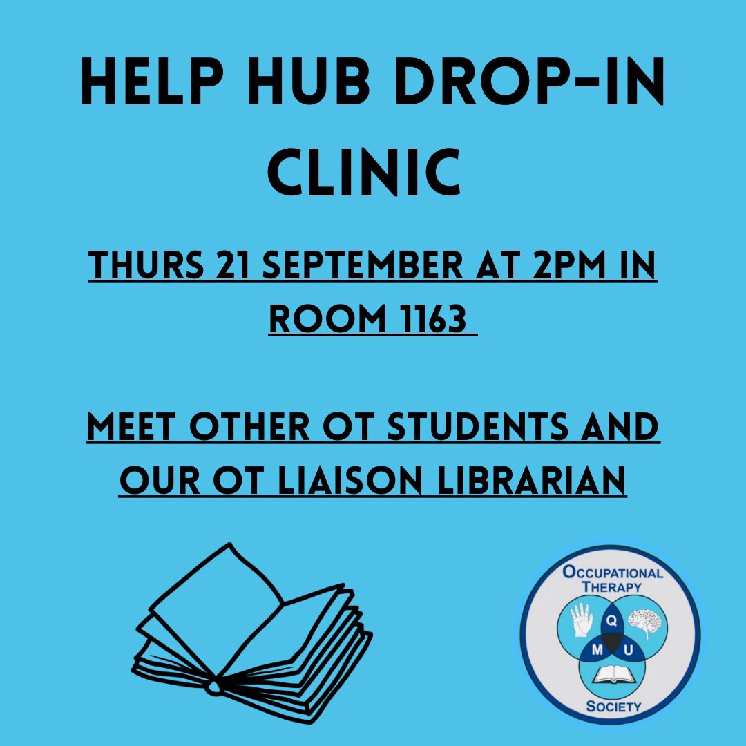 Come along to meet OT students, room 1163 in the LRC on Thur 21st Sep from 2 with any questions about help around campus, including the library (LRC). OT Liaison Librarian Tamsyn Sloan will be available for advice and study tips. Join the OT Society here: qmusu.org.uk/groups/occupat…