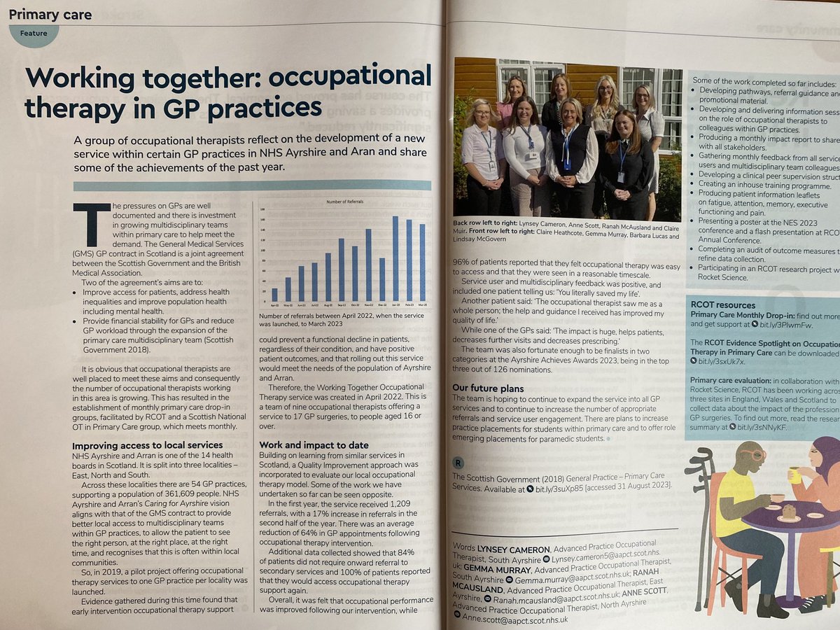 So great to see the outstanding work in NHS Ayrshire and Aran in this months OTN- now with 9 OTs across 17 GP surgeries and plans to increase practice placements for OT students #PrimaryCareOTs ⁦@RCOT_PolicySco⁩