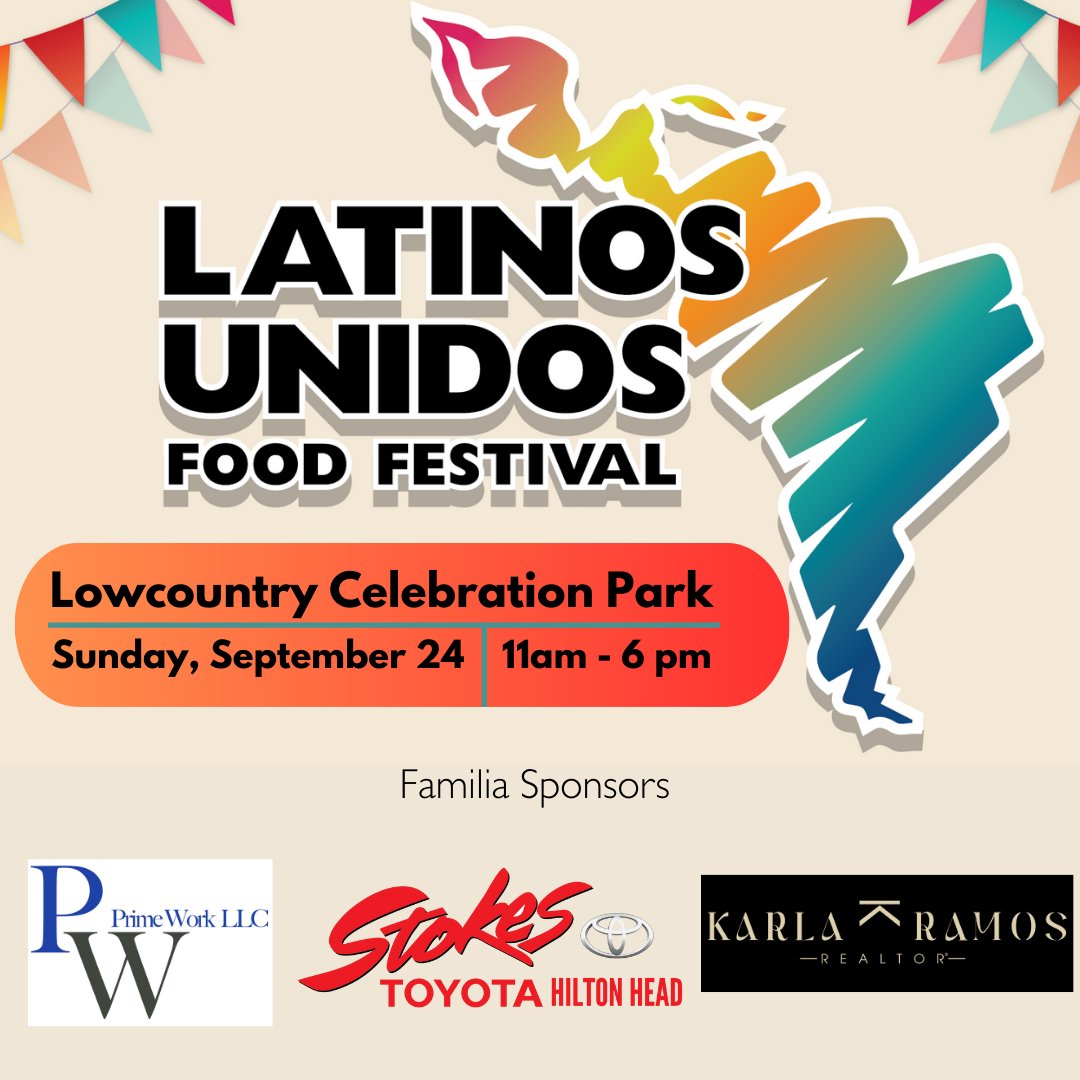 Reminder: Latinos Unidos Food Fest is Sunday, Sept. 24 11am - 6pm $8 admission (kids 12 &amp; under free) Thanks again the Familia Sponsors! Prime Work, Stokes Toyota, Karla Ramos Realtor