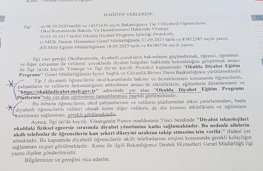 sukruhatun's tweet photo. Milli Eğitim Bakanlığı tip 1 diyabetli çocukların okulda desteklenmesi ve akıllı telefon kullanımına izin verilmesi ile ilgili yazı göndermiş. Çok teşekkürler ⁦@ozkan_meb⁩ https://t.co/eWn4z6NgCB