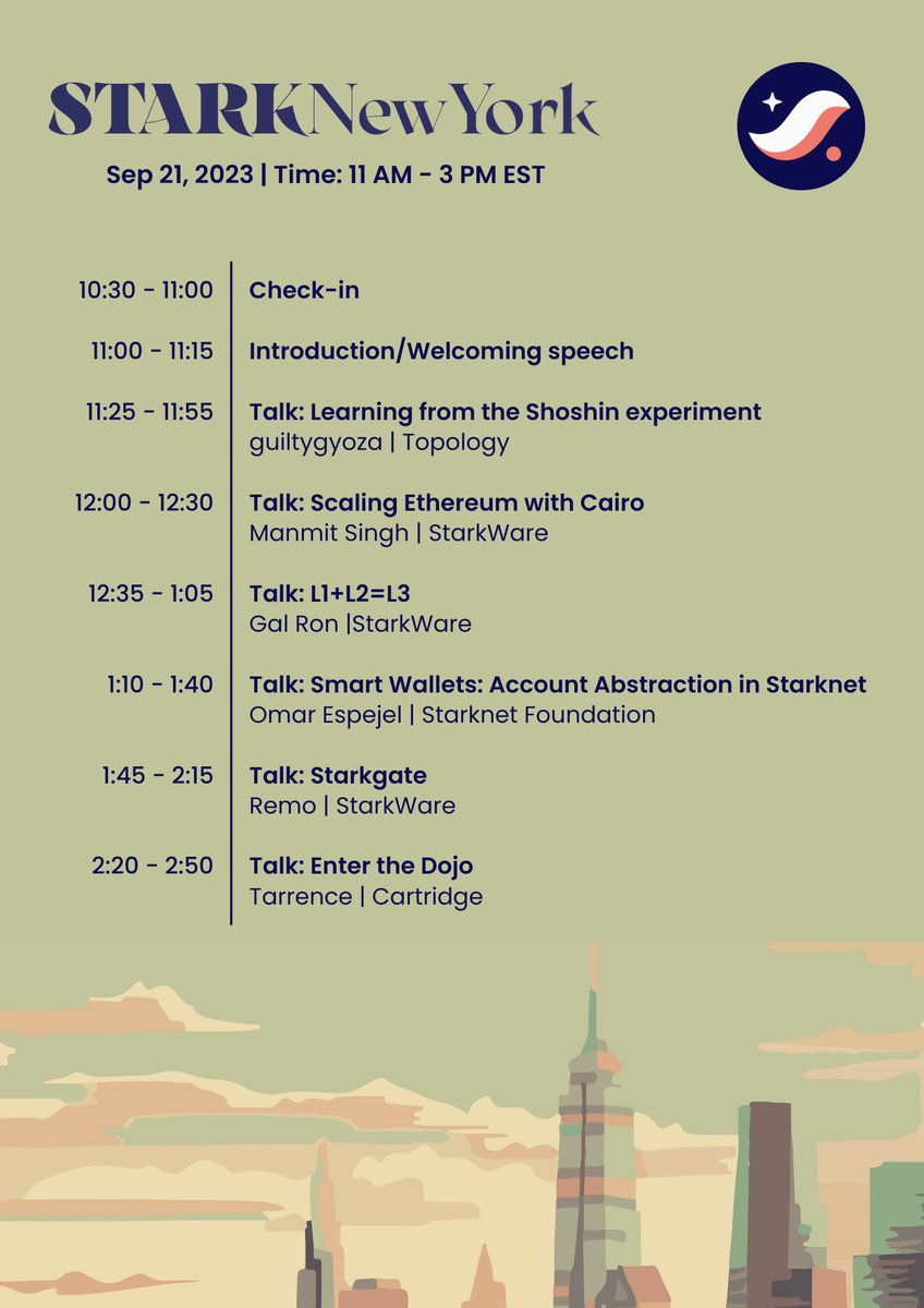 1/ #STARKNewYork 2023 is happening tomorrow, September 21! Join us and redefine onchain possibilities, gain insights from experts, and connect with the vibrant <a href="/starknetus/">Starknet U.S. 🇺🇸</a> community. Check out the agenda below.